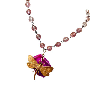 Pink Druzy Dragonfly One of a Kind Necklace