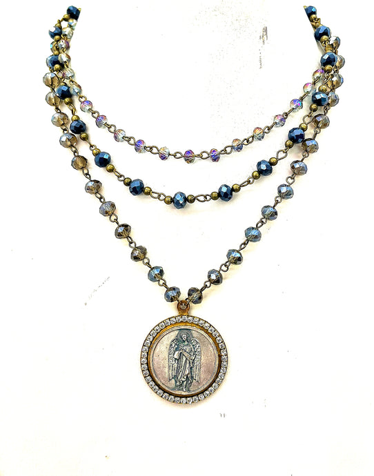 Jeweled Triple Strand Angel Pendant Necklace
