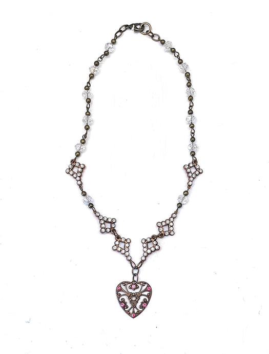 JEWELED HEART AND INLAID JEWELED CHARM NECKLACE