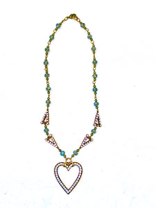 JEWELED HEART AND INLAID JEWELED CHARMS NECKLACE