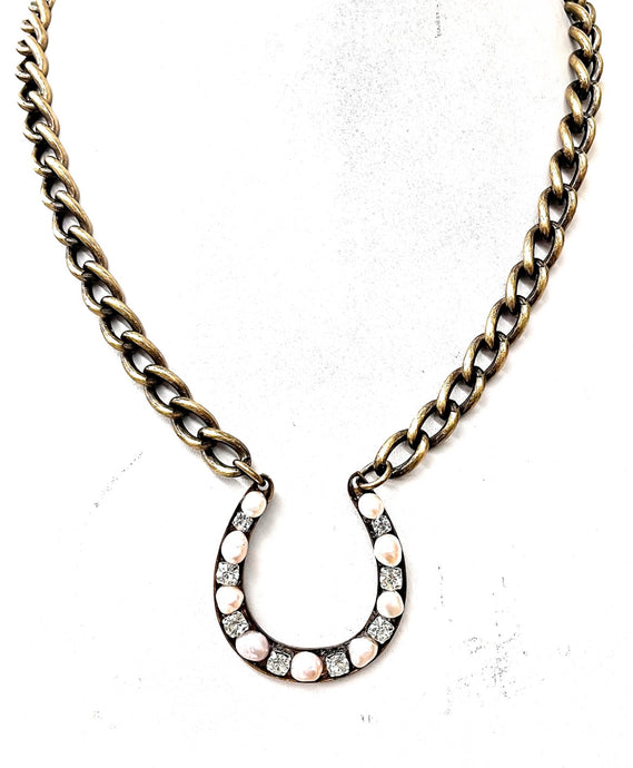 Pearl and rhinestone horse shoe Necklace