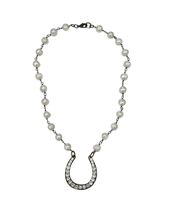 Jeweled Horseshoe Necklace on Fresh Water Pearls