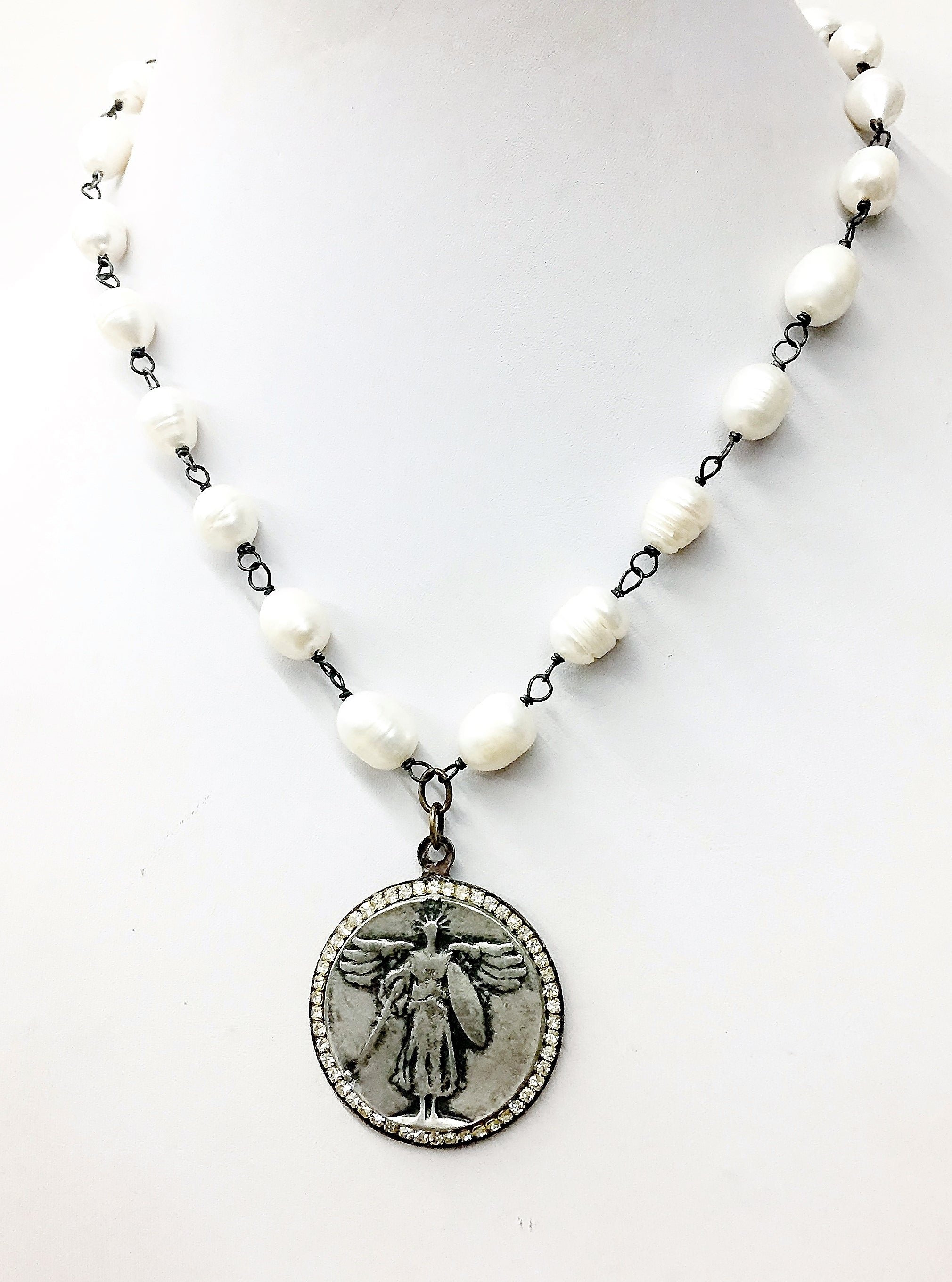 Jeweled St. Michael Necklace on Fresh Water Pearls