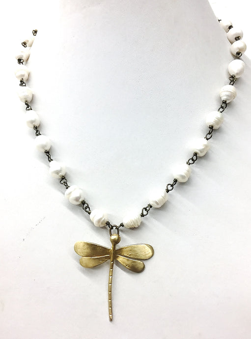 Dragonfly Necklace on Freshwater Pearls