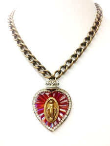 Red Jeweled Crystal Madonna Heart w Crown Necklace