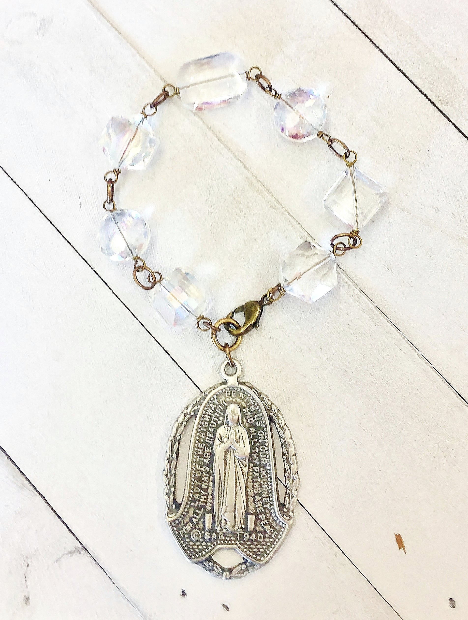 Our Lady Pewter Pendant on Crystal Mix Bracelet