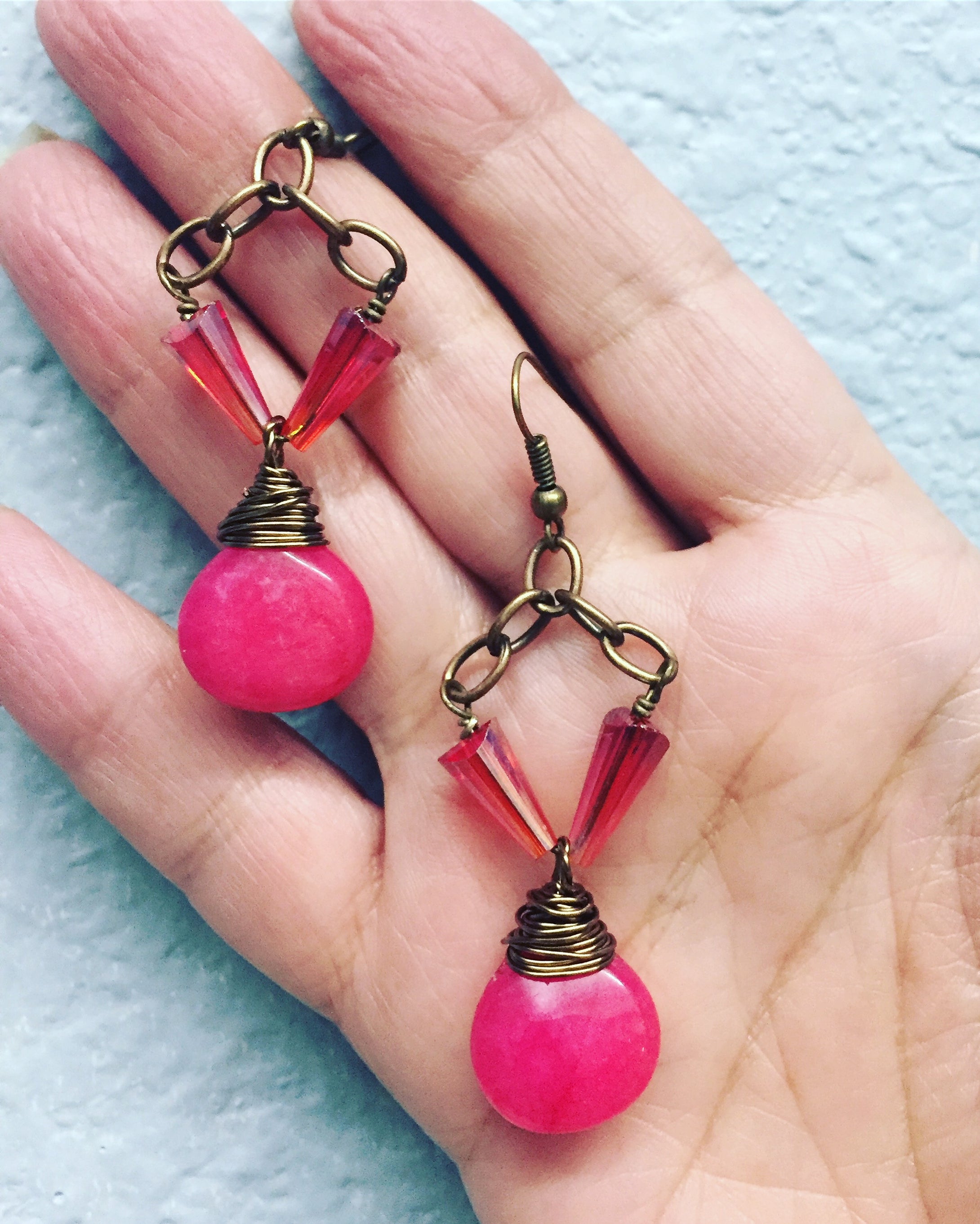 Pink Crystal and Agate Drop Earrings